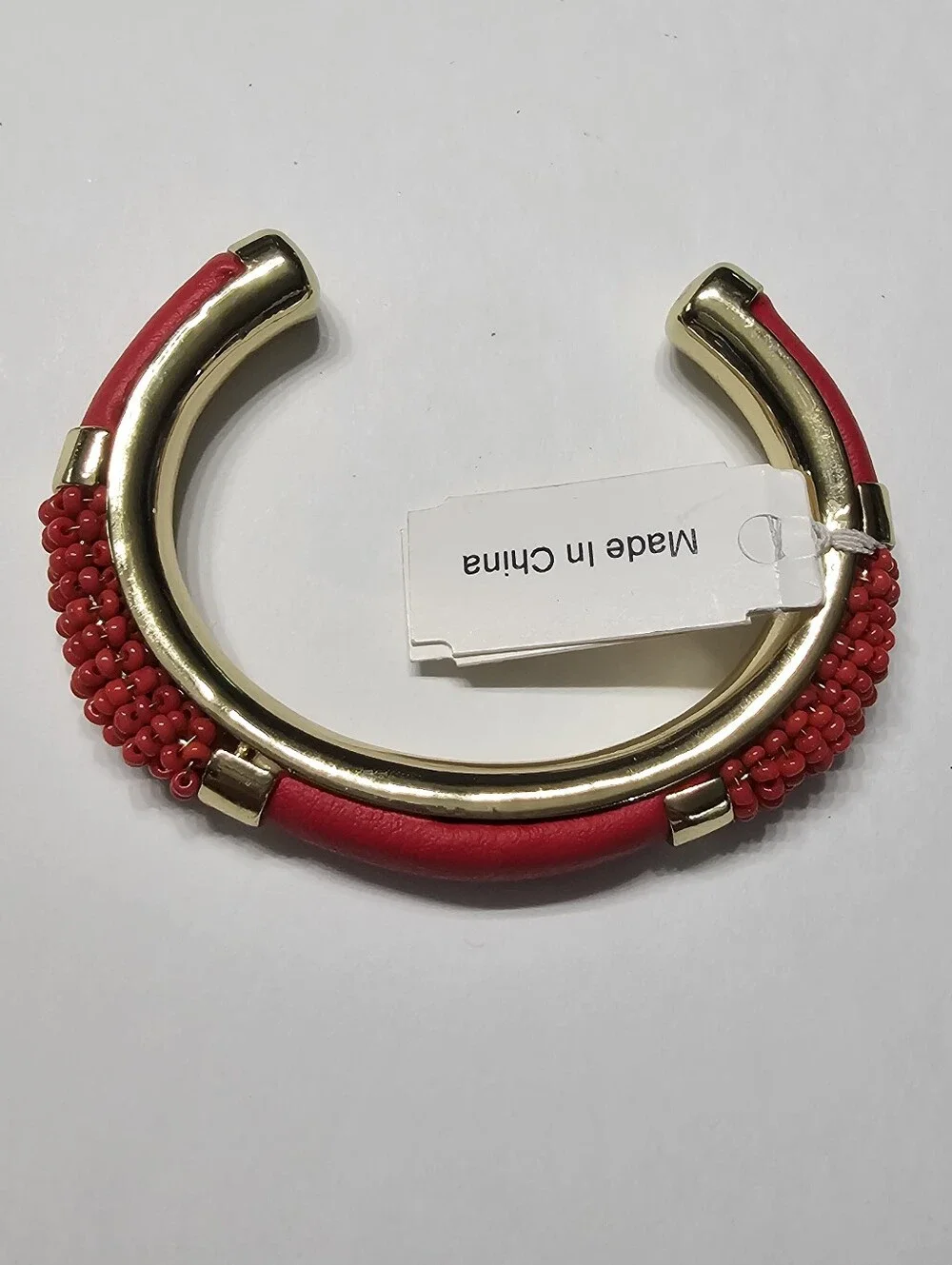NWT Chunky Gold Red Leather & Beaded Statement Cuff Bracelet